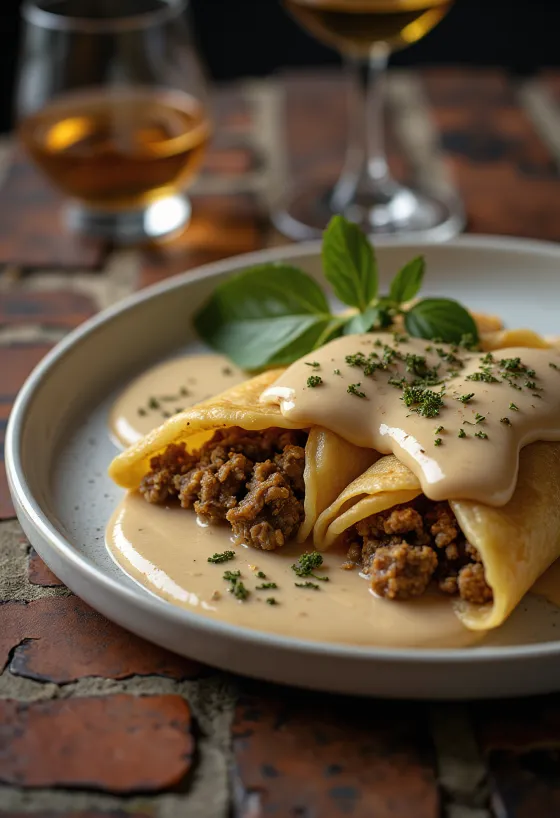Haggis in pannenkoeken, versierd met verse peterselie