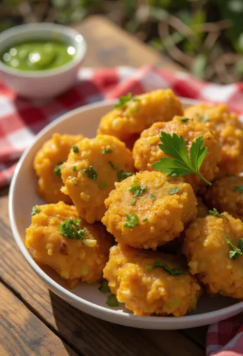 Moong dal pakora geserveerd, knapperige en kruidige hapjes