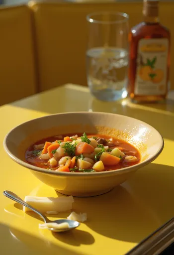 Verse Italiaanse groentesoep geserveerd, versierd met groenten en kruiden.