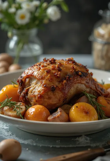 Gebraden stekelvarken met kruiden geserveerd met geroosterde groenten.