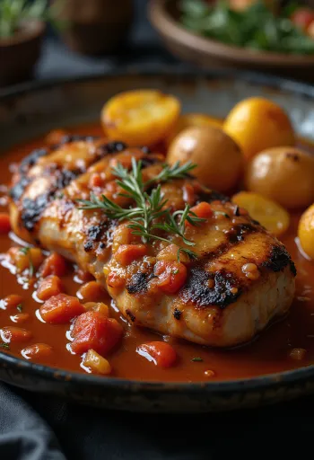 Varkensnekarbonade met lecsó en peterselie-aardappelen geserveerd