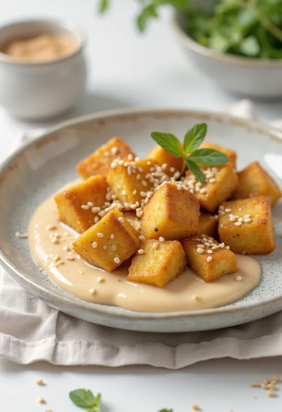 Gebakken tofu met tahinsaus geserveerd