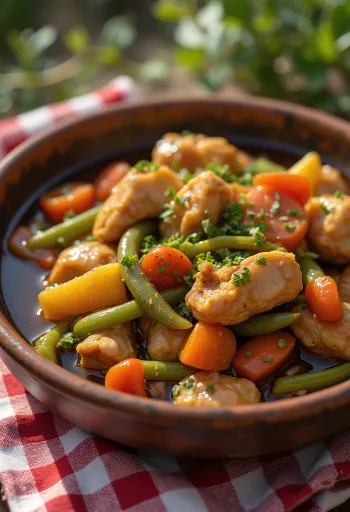 Adobo met groenten, versierd met verse koriander