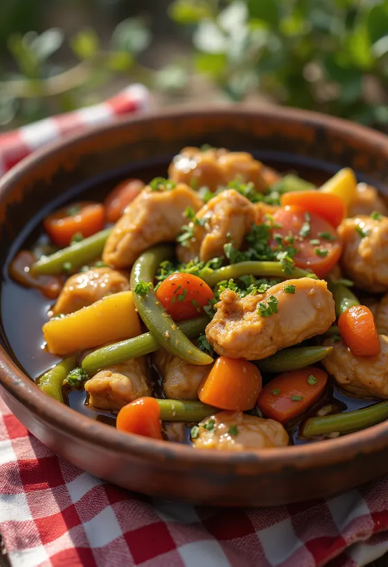 Adobo met groenten, versierd met verse koriander