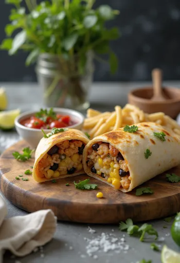 Kipburrito gevuld met verse groenten, rijst en kaas