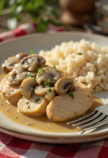 Sappige kipfilet met champignons in romige champignonroomsaus, geserveerd op een wit bord.
