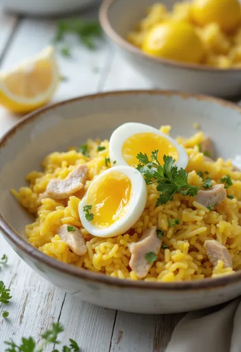 Klassieke Kedgeree met gerookte makreel, combinatie van ei en rijst