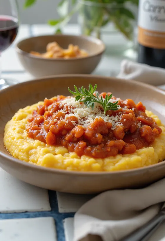Romige polenta geserveerd met tomatensaus in een diep bord