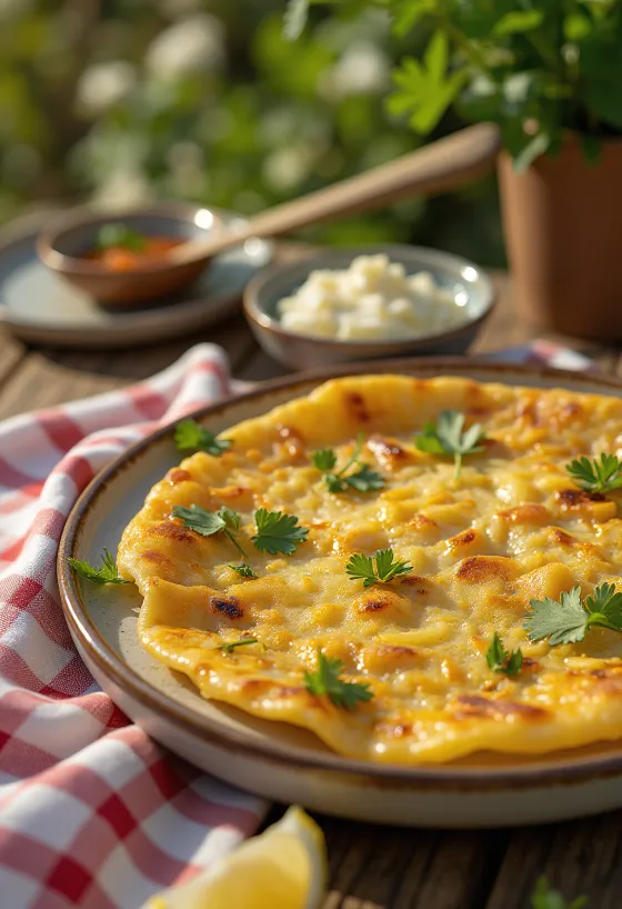 Aardappel-uien chilla, gebakken aardappel- en uienhapjes, met verse koriander