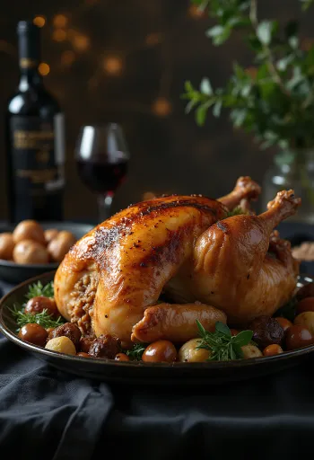 Gebraden kalkoen met kastanjevulling geserveerd op een schaal met groenten.