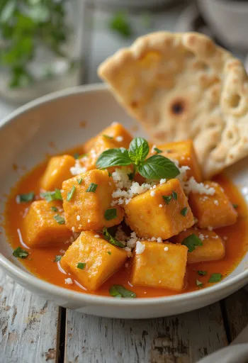 Tofu in Thaise rode currysaus geserveerd