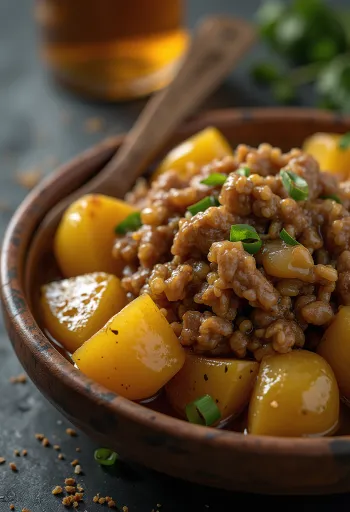 Adobo met aardappelen, kruidig vlees en knapperige aardappelen geserveerd