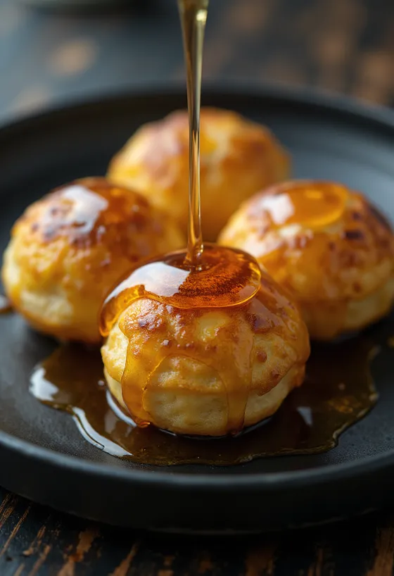 Æbleskiver met ahornsiroop, verse gebakjes, goudbruin, geserveerd met ahornsiroop
