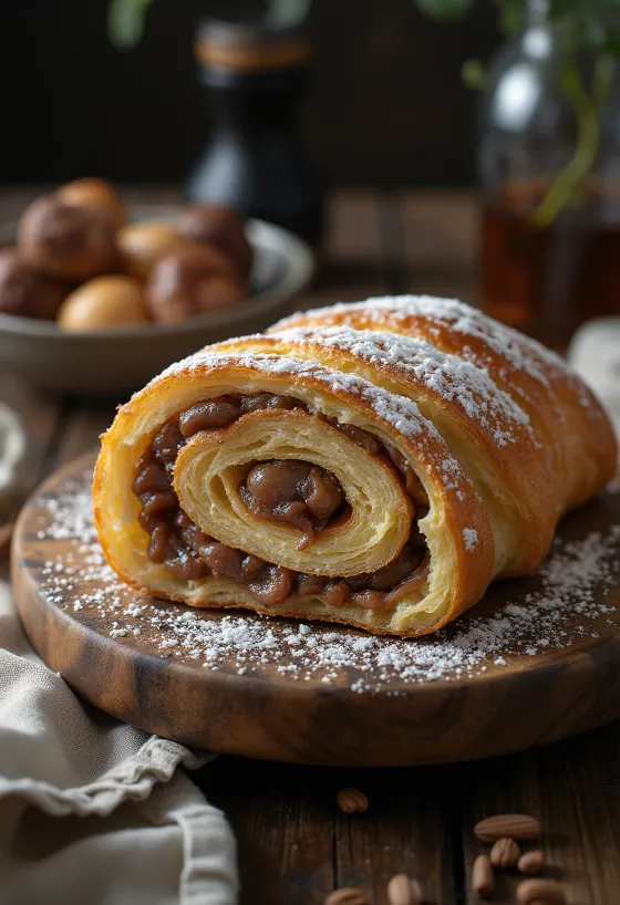 Kastanjerol (Bejgli) in plakjes gesneden, versierd