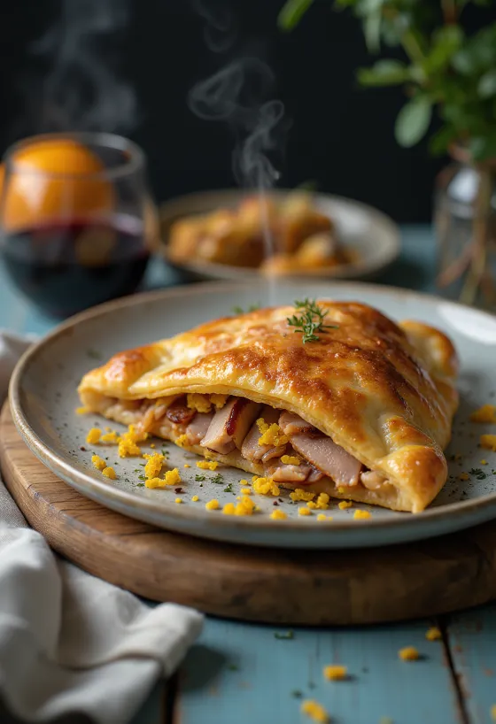 Calzone met eend en sinaasappel goudbruin gebakken