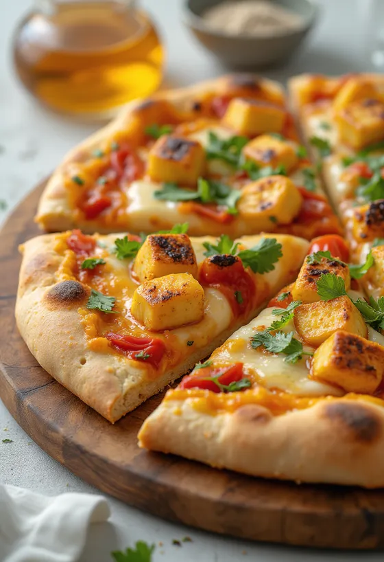 Paneer tikka pizza met yoghurtsaus en groenten