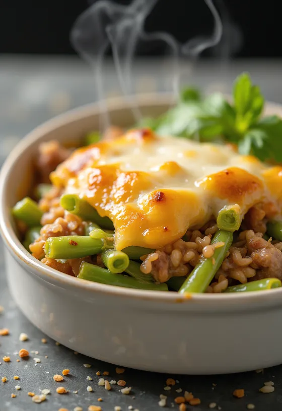 Sperziebonenschotel met verse zure room en gegratineerde kaas bovenop.