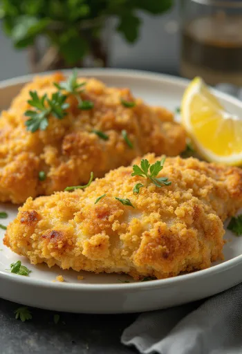 Gepaneerde kipfilet goudbruin gebakken geserveerd met salade