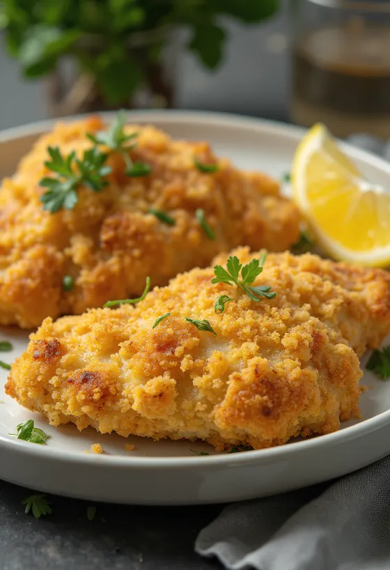 Gepaneerde kipfilet goudbruin gebakken geserveerd met salade