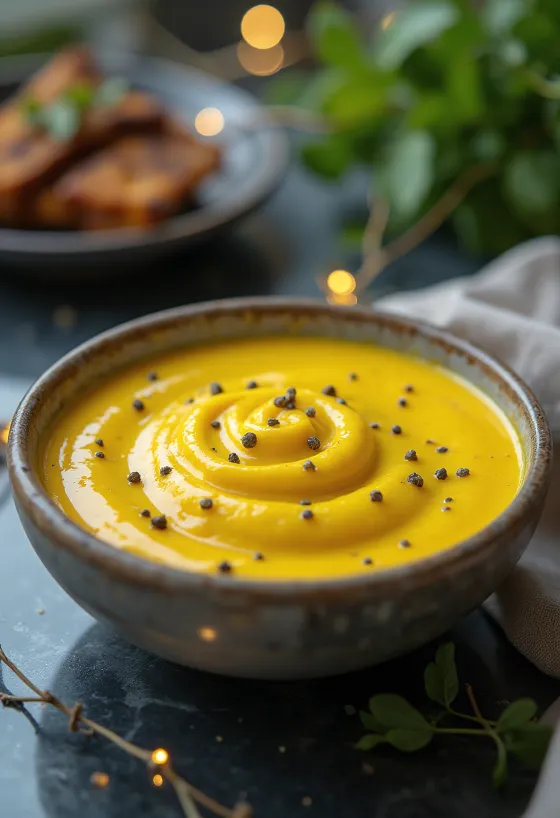 Romige kurkumasaus geserveerd bij gegrilde kip