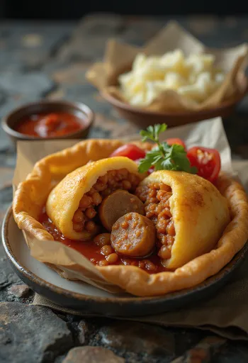 Acarajé met worst, kruidige bonen en decoratie van verse peterselie