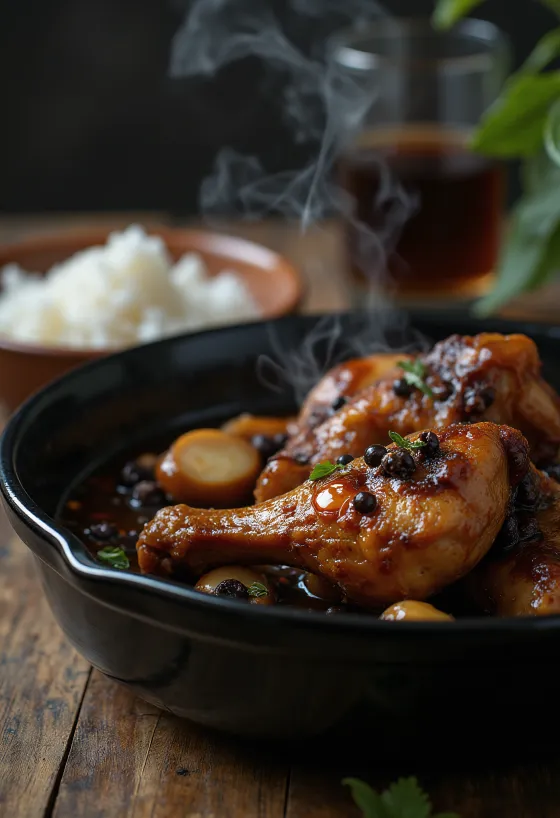 Kip Adobo, gekookt in sojasaus, geserveerd naast rijst