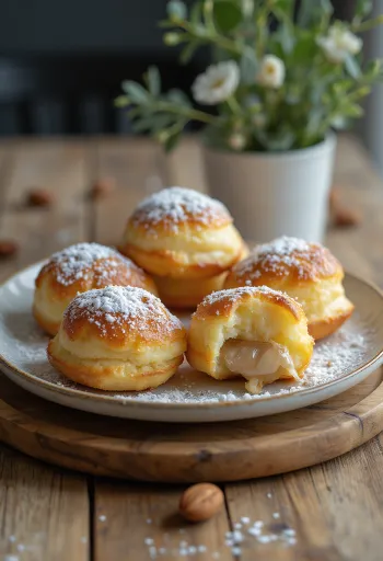 Æbleskiver met amandelvulling, bestrooid met poedersuiker, geserveerd in een kom