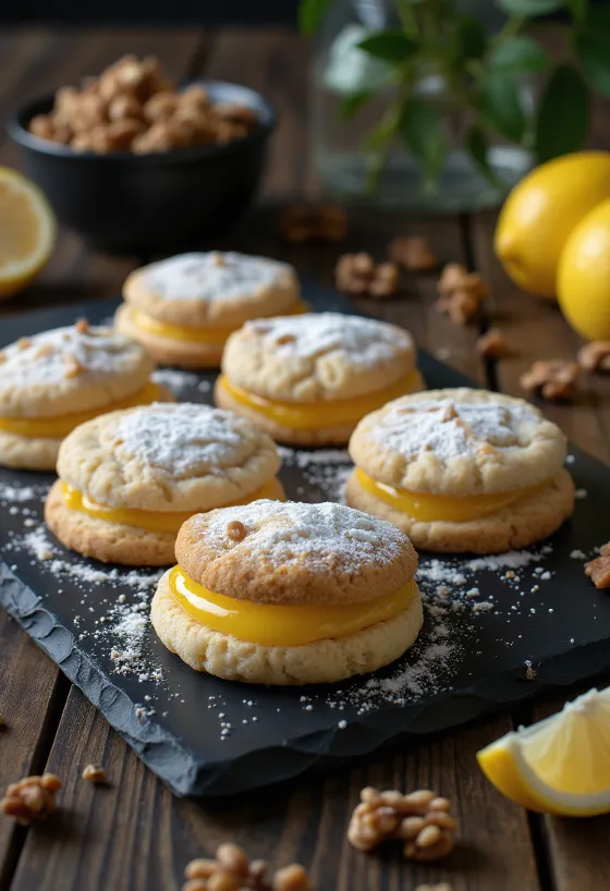 Linzer koekjes met citroen en walnoot geserveerd