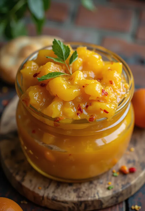 Pittige mango chutney geserveerd met naanbrood