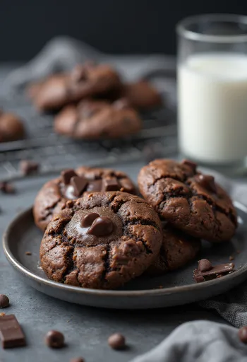 Rijk chocoladekoekje met gesmolten chocolade en bestrooid met poedersuiker