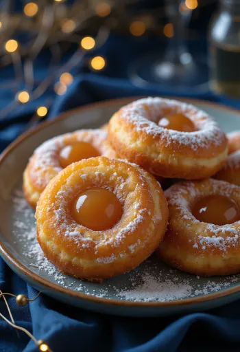 Carnavalsdonut bestrooid met poedersuiker en geserveerd met jam