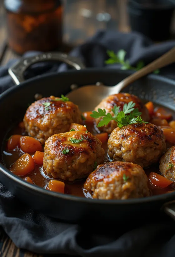 Frikadeller van varkens- en rundvleesmix, goudbruine, krokante ballen geserveerd