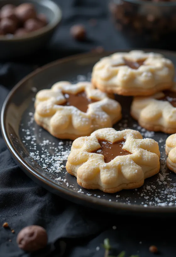 Kastanje linzer koekjes geserveerd op een bord