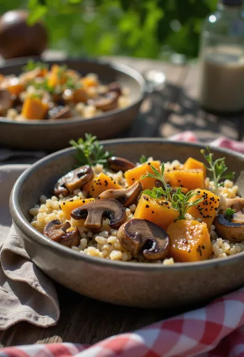Buddha bowl met champignons en quinoa geserveerd met verse groenten