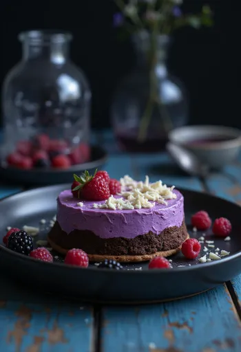 Chocoladetaart met vruchtenmousse in punten geserveerd