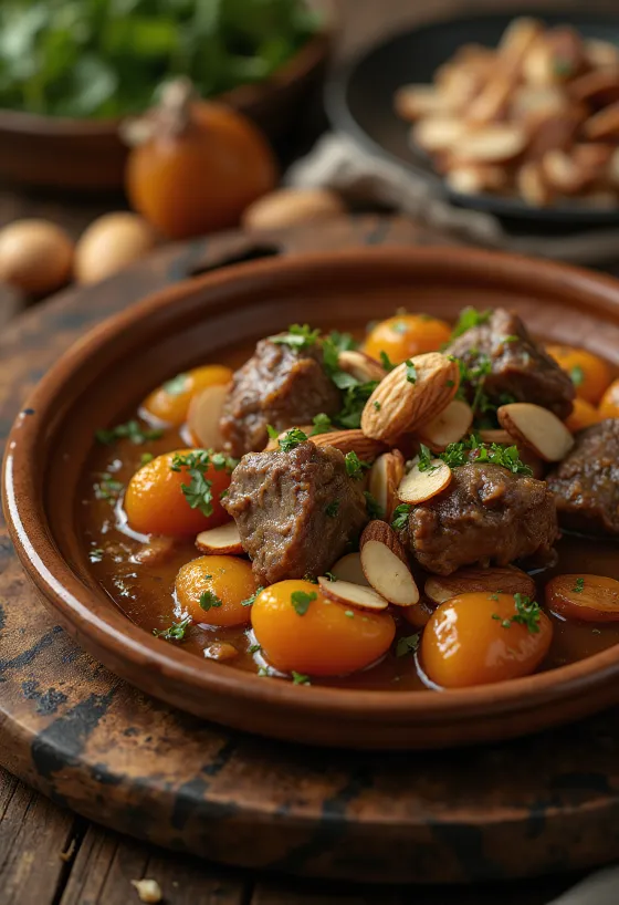 Lamstajine met abrikozen geserveerd met couscous