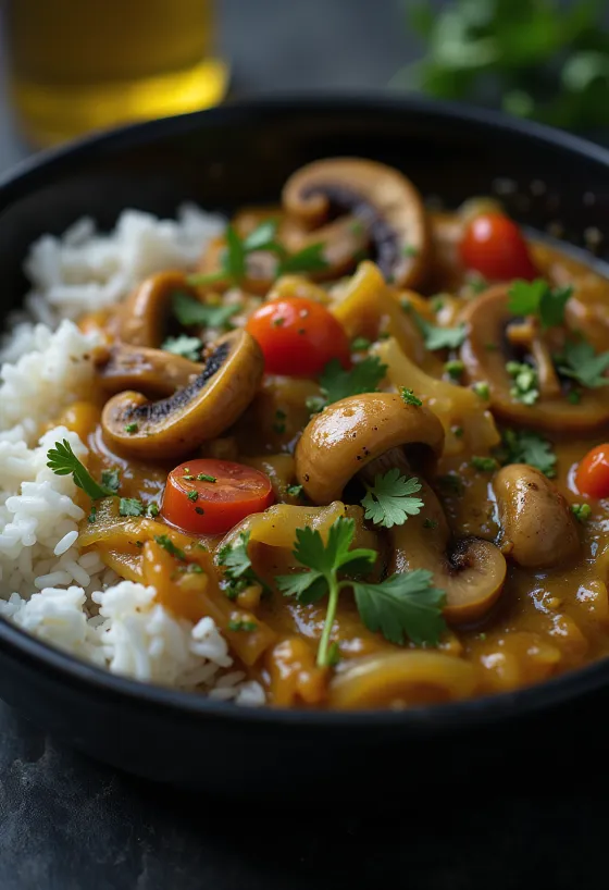 Moqueca met paddenstoelen, geserveerd met kokosmelk en verse koriander