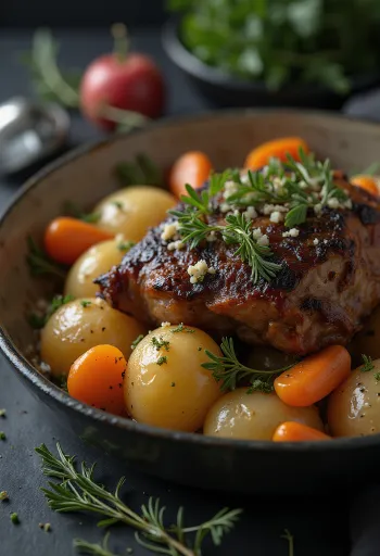 Geroosterd marmotvlees geserveerd met wortelgroenten op een schaal.