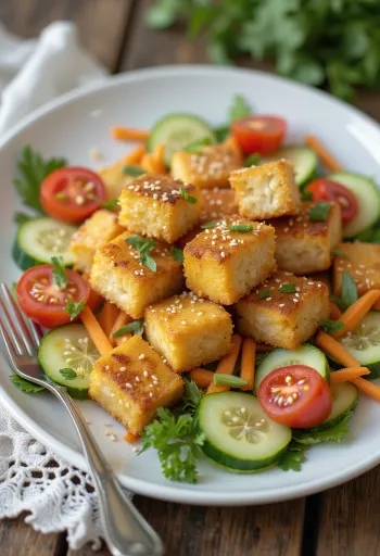 Gebakken tofu geserveerd met groentesalade