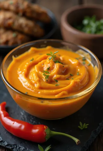 Romige oranje paprikasaus geserveerd in een kom