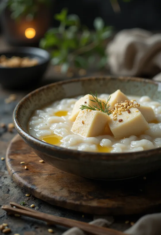 Congee met tofu, Chinese rijstepap met tofu, knoflook en gember