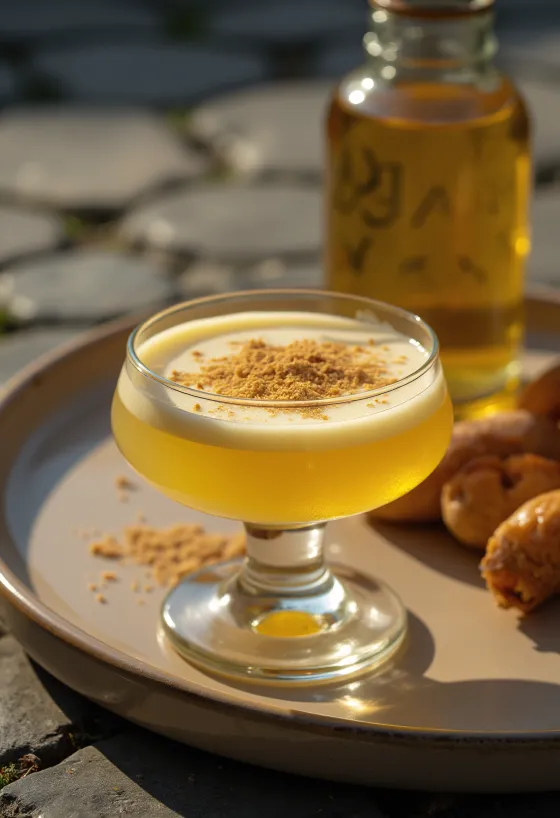 Huisgemaakte eierlikeur in een fles, bestrooid met geraspte nootmuskaat