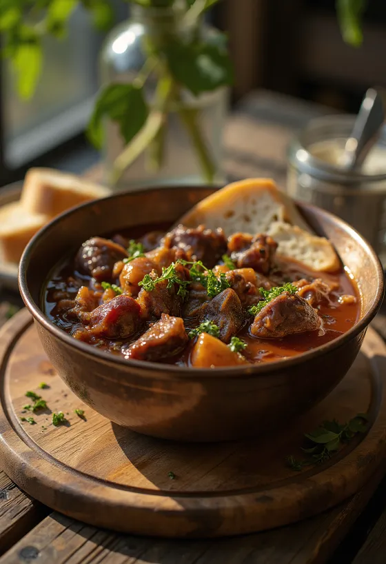 Wildzwijnstoofpot met sappige stukjes vlees, geserveerd met aardappelbijgerecht