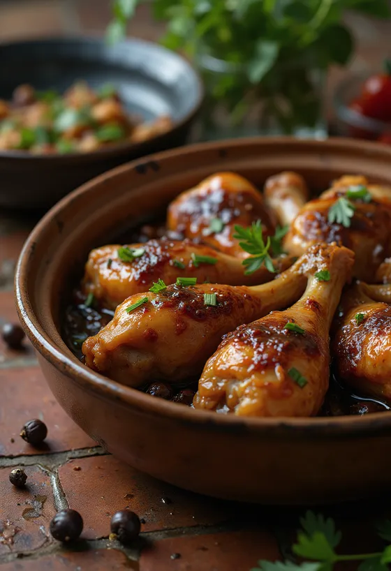 Adobo met vlees, geserveerd in sojasaus en witte wijnsaus, versierd met verse groene kruiden