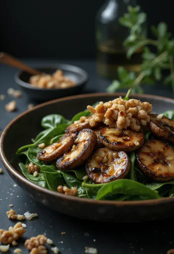 BBQ gegrilde champignonsalade met spinazie geserveerd
