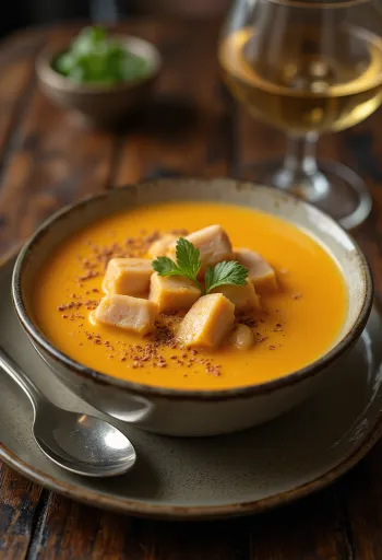 Zoete aardappel-kipcrèmesoep geserveerd