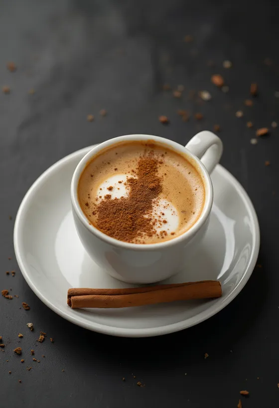 Kaneelkoffie in een kopje met slagroom en kaneel