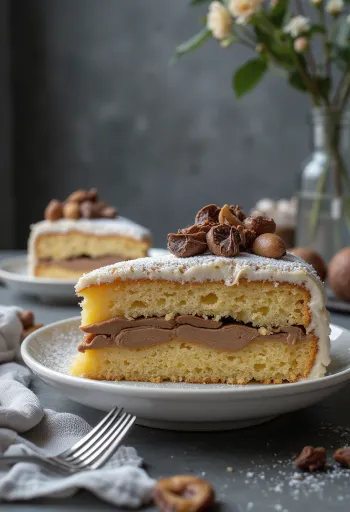 Kastanjetaart in punten gesneden, versierd met chocolade