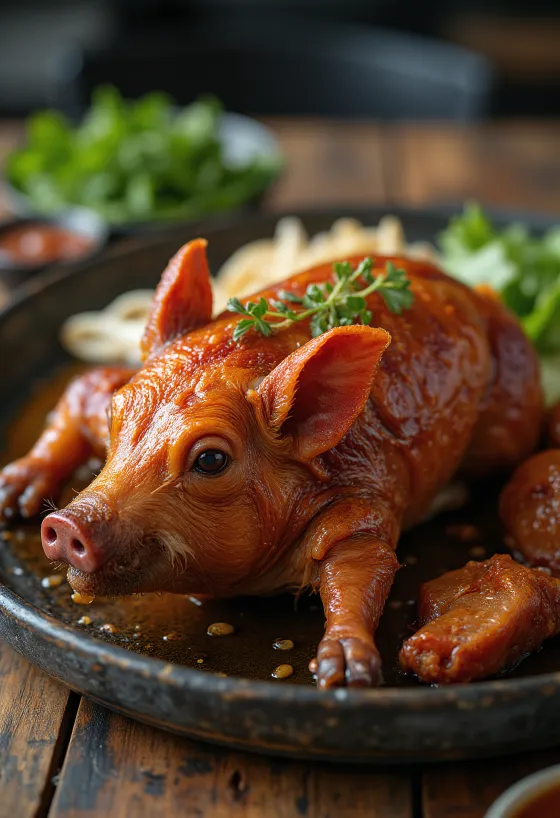 Lechon, geroosterd varken met knapperige huid, geserveerd