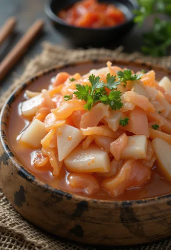 Nabak kimchi waterige, licht pittige kimchi, met verse groenten en chilivlokken